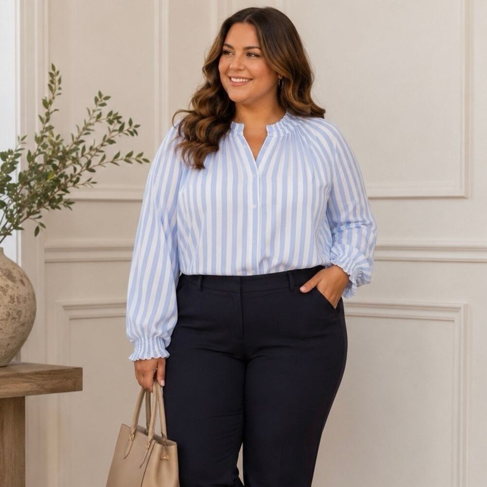 Lane Bryant Blouse Womens Plus 26/28 Blue White Striped High Neck Balloon Sleeve
